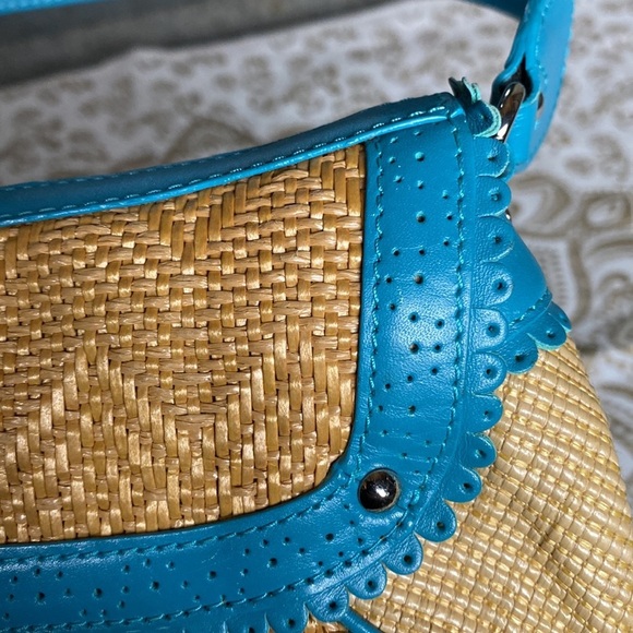 Cole Haan Bags/Cole Haan Megan Beige Straw Mini Satchel Color Blue Turquoise π - Picture 9 of 11